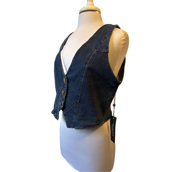 Emerson Lang NWT Women's XL Blue Denim Crop Vest Y2K Western Rodeo Cowgirl Boho - Picture 1 of 11
